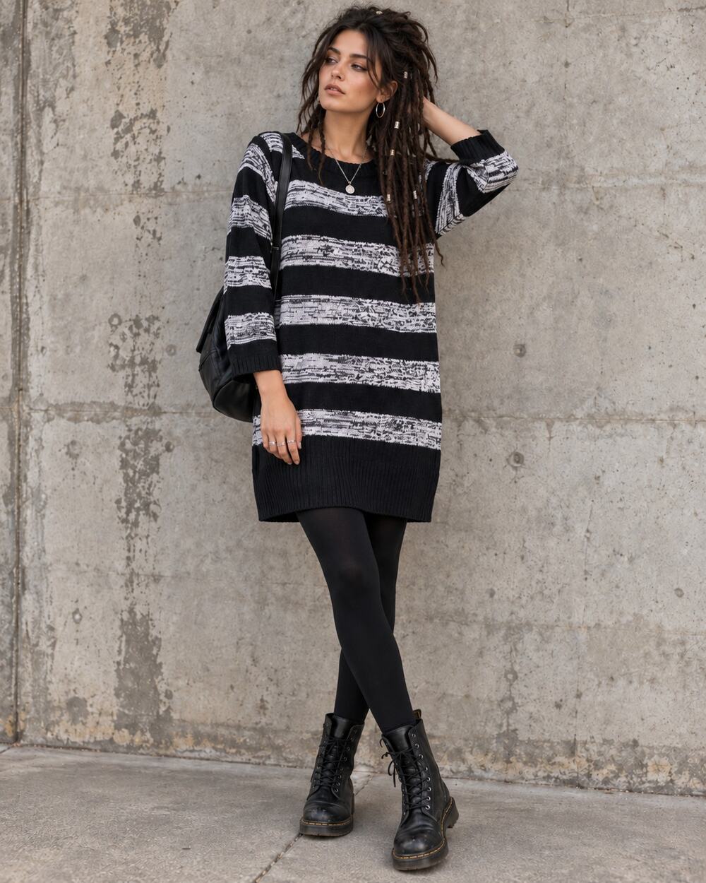Elementz XL Black White Striped Knit Sweater Dress Tunic